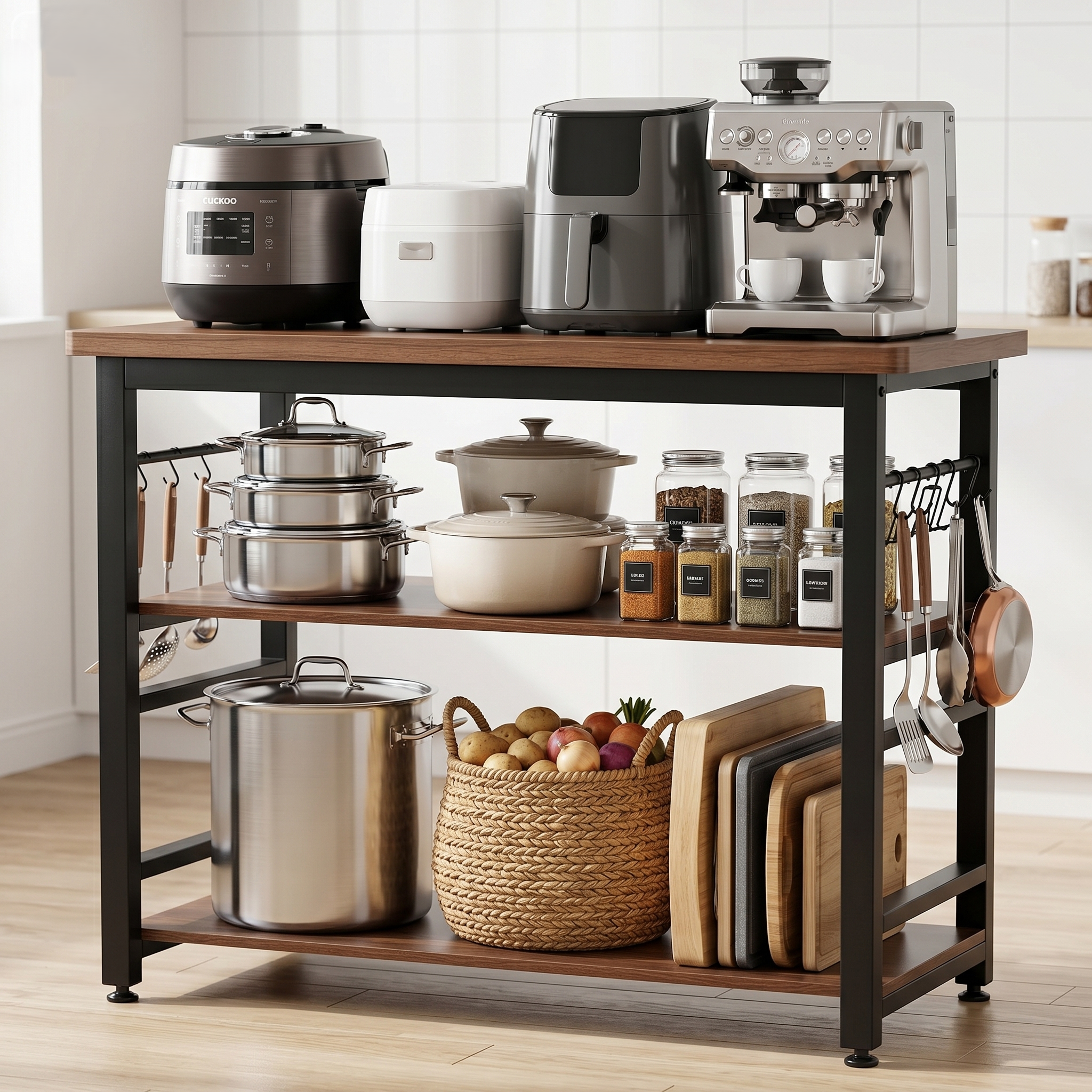 HOMEY NEST 철제 3단 수납장 최대 하중 350kg 거실 주방 다용도 조리대 겸용 보조 테이블 HZMBTC02